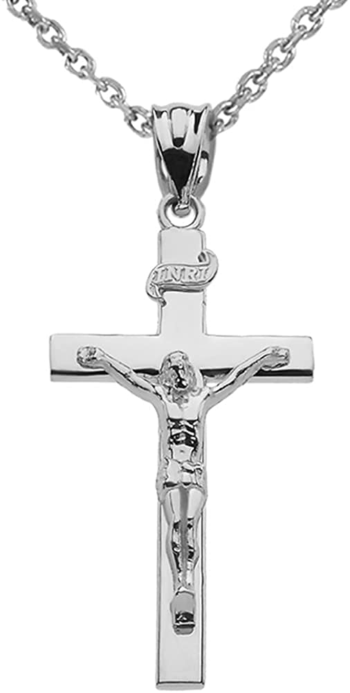 14k White Gold INRI Crucifix Catholic Linear Cross Pendant Necklace - 20" Rolo Chain