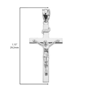 14k White Gold INRI Crucifix Catholic Linear Cross Pendant Necklace - 20" Rolo Chain