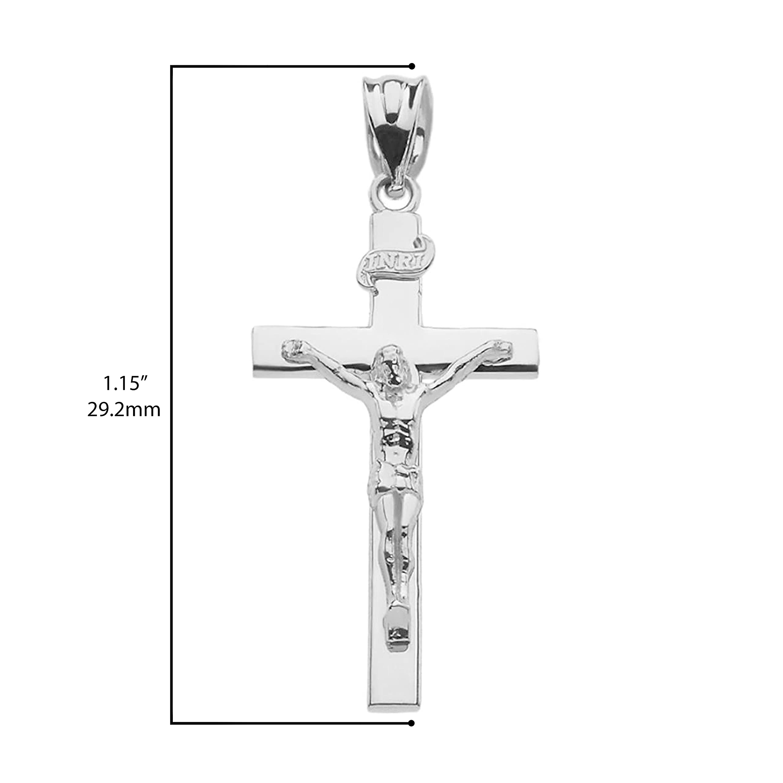 14k White Gold INRI Crucifix Catholic Linear Cross Pendant Necklace - 20" Rolo Chain