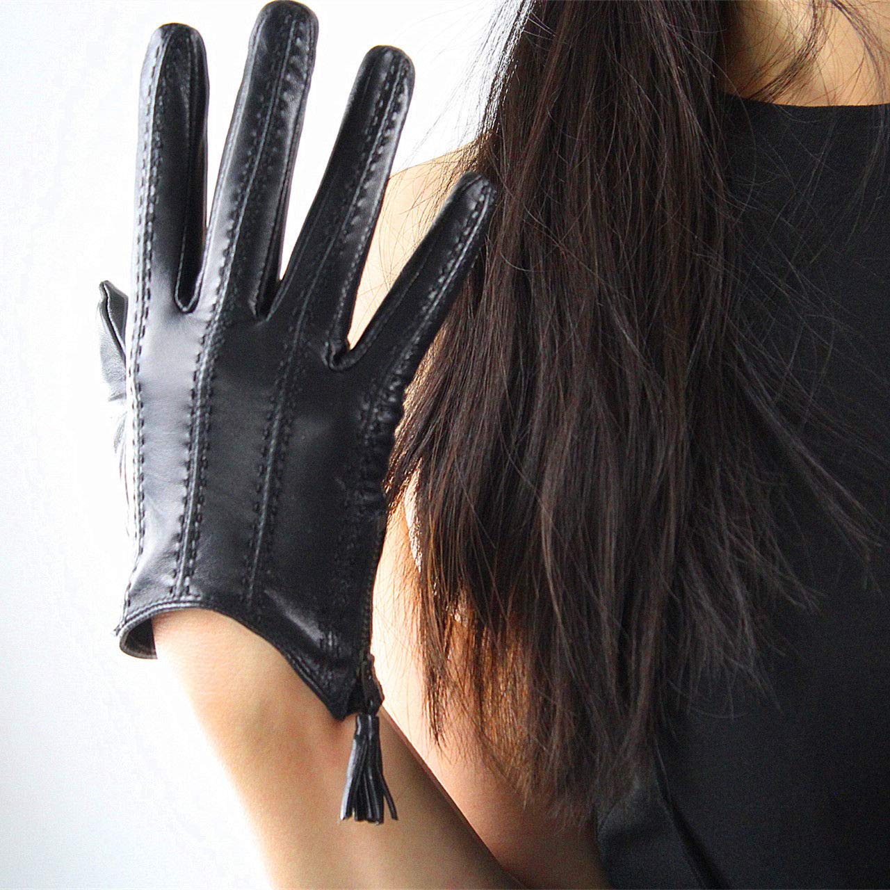 DooWay Short Black Touchscreen Real Leather Gloves, Imported Goatskin Leather Tassel Zipper Unique Pop Finger Gloves,size L