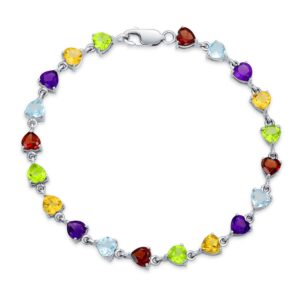 romantic natural multicolor citrine, peridot, garnet, aquamarine, & amethyst heart shape gemstone tennis bracelet for women .925 sterling silver 7 inch