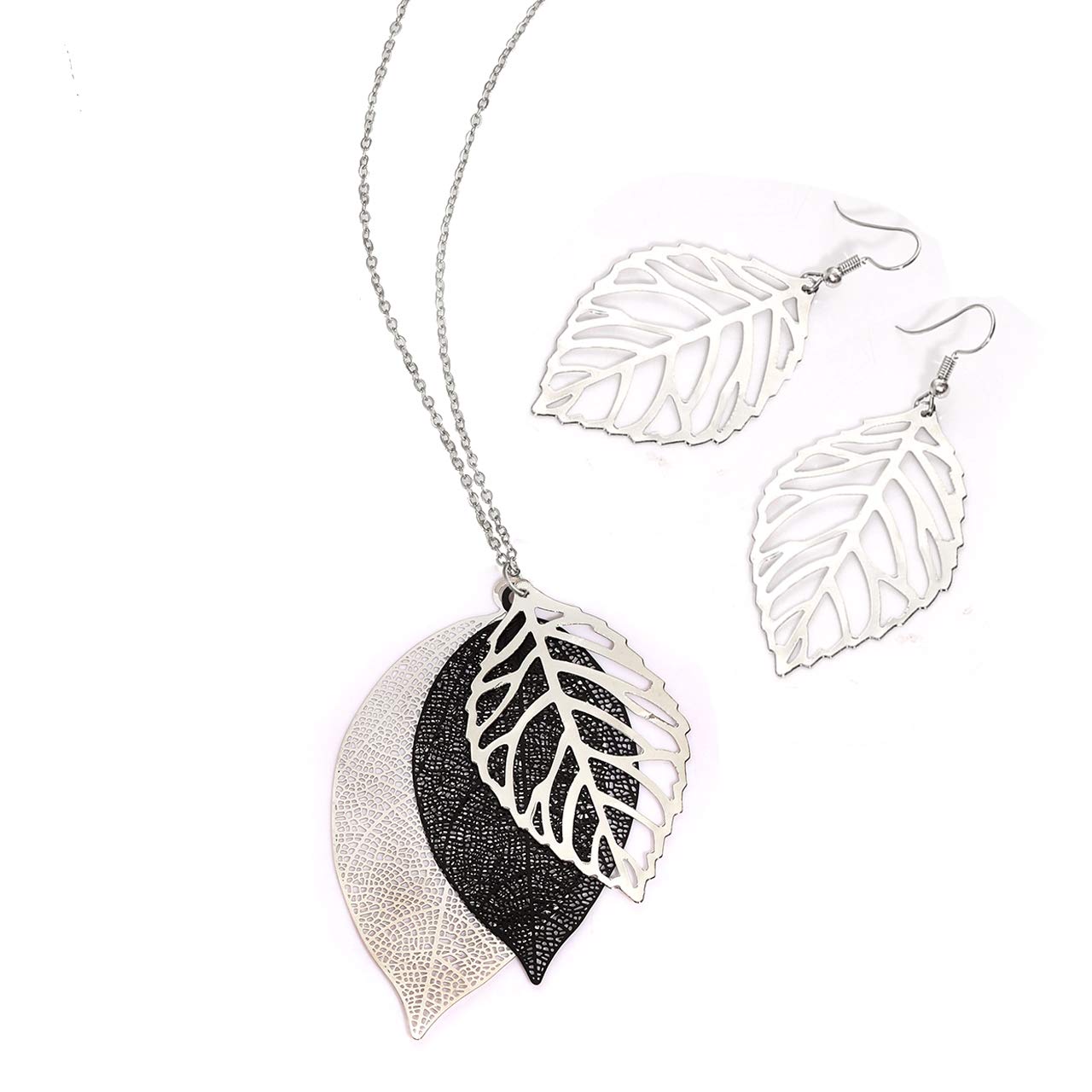 NVENF Leaves Earrings and Long Necklaces Set Multi Tiered Leaf Pendant Necklace Fashion Statement Earrings Metal Sparkling Modern Jewelry Sets (C Silver & Black)