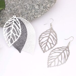 NVENF Leaves Earrings and Long Necklaces Set Multi Tiered Leaf Pendant Necklace Fashion Statement Earrings Metal Sparkling Modern Jewelry Sets (C Silver & Black)