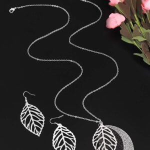 NVENF Leaves Earrings and Long Necklaces Set Multi Tiered Leaf Pendant Necklace Fashion Statement Earrings Metal Sparkling Modern Jewelry Sets (C Silver & Black)