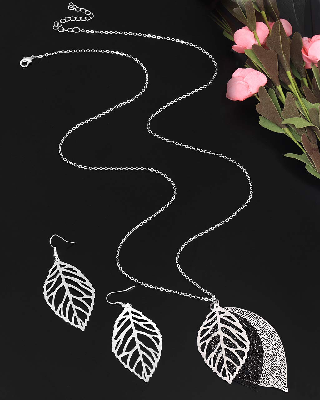 NVENF Leaves Earrings and Long Necklaces Set Multi Tiered Leaf Pendant Necklace Fashion Statement Earrings Metal Sparkling Modern Jewelry Sets (C Silver & Black)