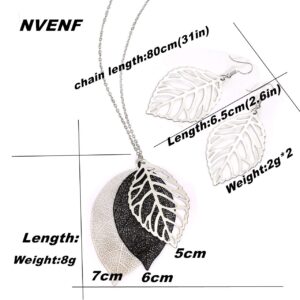 NVENF Leaves Earrings and Long Necklaces Set Multi Tiered Leaf Pendant Necklace Fashion Statement Earrings Metal Sparkling Modern Jewelry Sets (C Silver & Black)