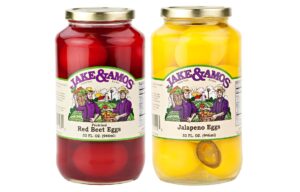 jake & amos pickled eggs variety 2-pack- economy size 34 oz. jars (red beet & jalapeno)