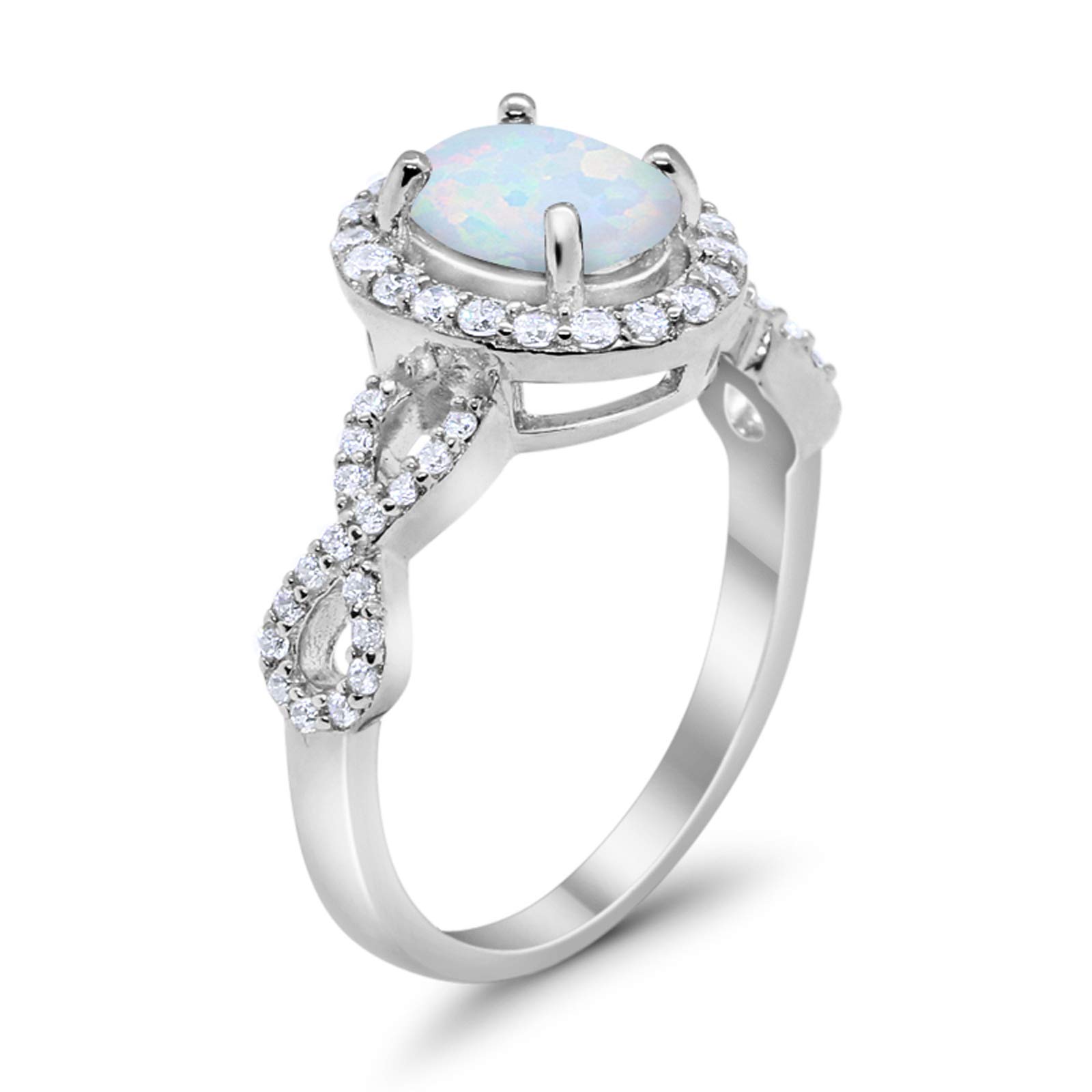 Blue Apple Co. Infinity Art Deco Halo Wedding Engagement Bridal Ring Oval Created White Opal Round Cubic Zirconia Solid 925 Sterling Silver, Size-7