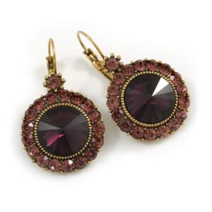 vintage inspired round cut amethyst glass stone drop earrings with leverback closure in antique gold metal - 40mm l