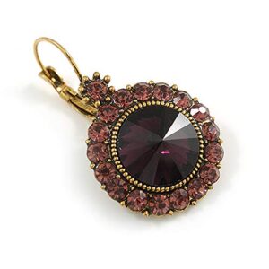 Vintage Inspired Round Cut Amethyst Glass Stone Drop Earrings With Leverback Closure In Antique Gold Metal - 40mm L