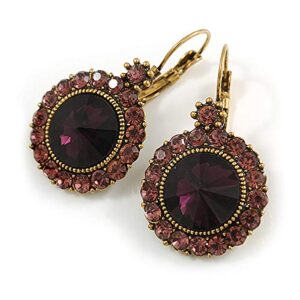 Vintage Inspired Round Cut Amethyst Glass Stone Drop Earrings With Leverback Closure In Antique Gold Metal - 40mm L