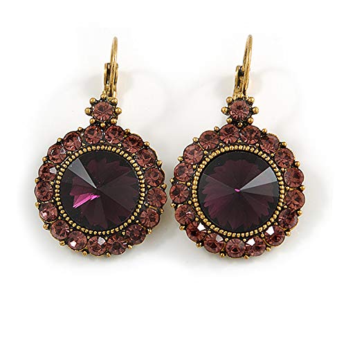 Vintage Inspired Round Cut Amethyst Glass Stone Drop Earrings With Leverback Closure In Antique Gold Metal - 40mm L