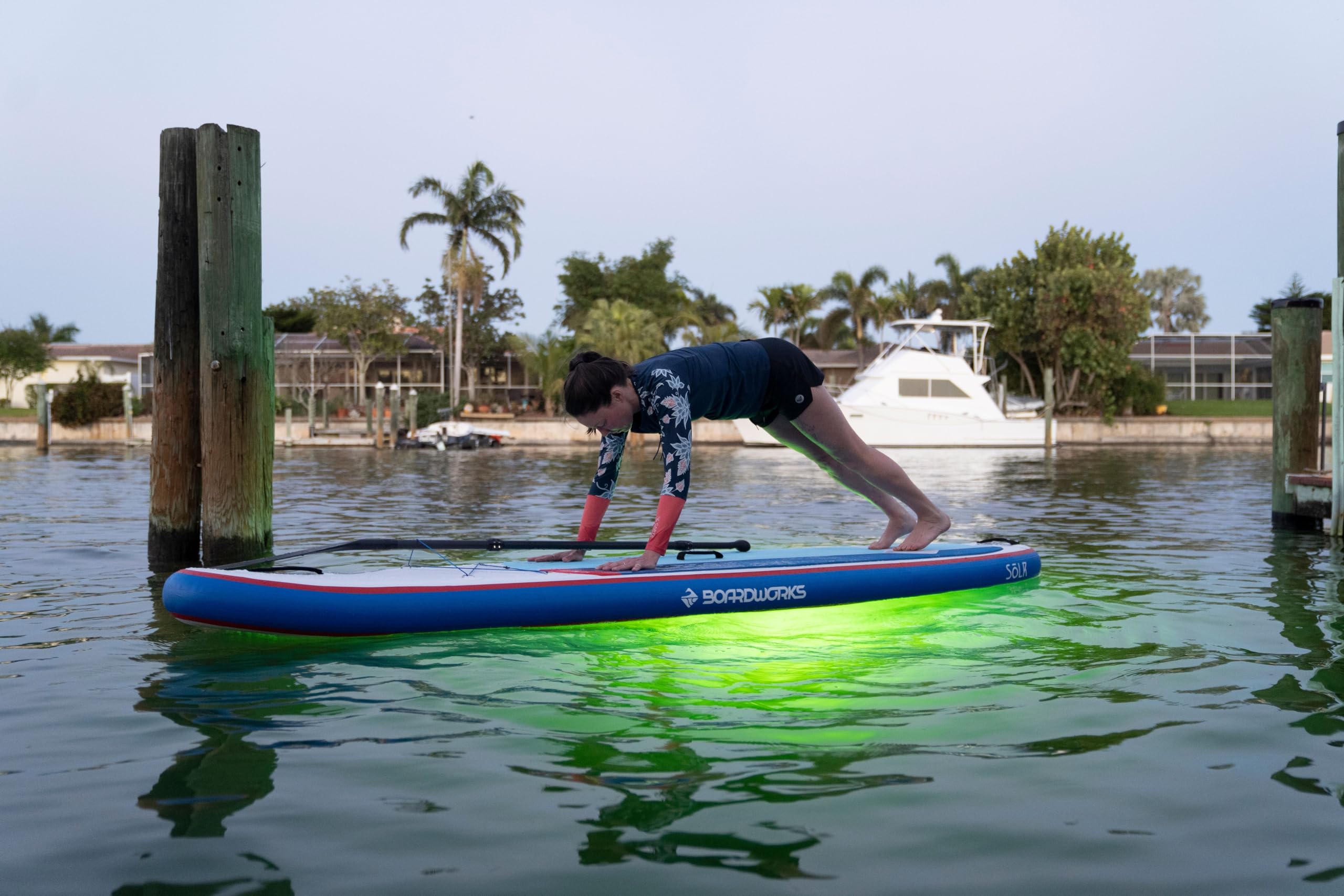 Boardworks Sōlr | Recreational Stand Up Paddleboard | X-Shot Epoxy Hardboard with Paddle | 10' 6",Blue/White/Grey