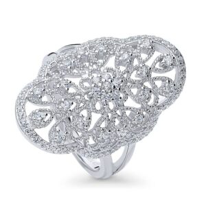 berricle sterling silver flower cubic zirconia cz statement navette cocktail fashion ring for women, rhodium plated size 8