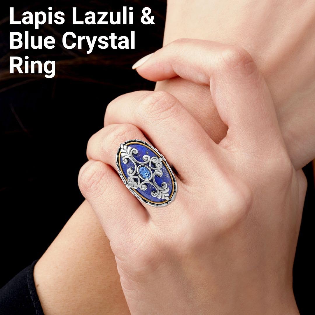 Shop LC Lapis Lazuli Cocktail Statement Ring ION Plated Yellow Gold Floral Blue Crystal Stainless Steel Size 7 Birthday Gifts for Women