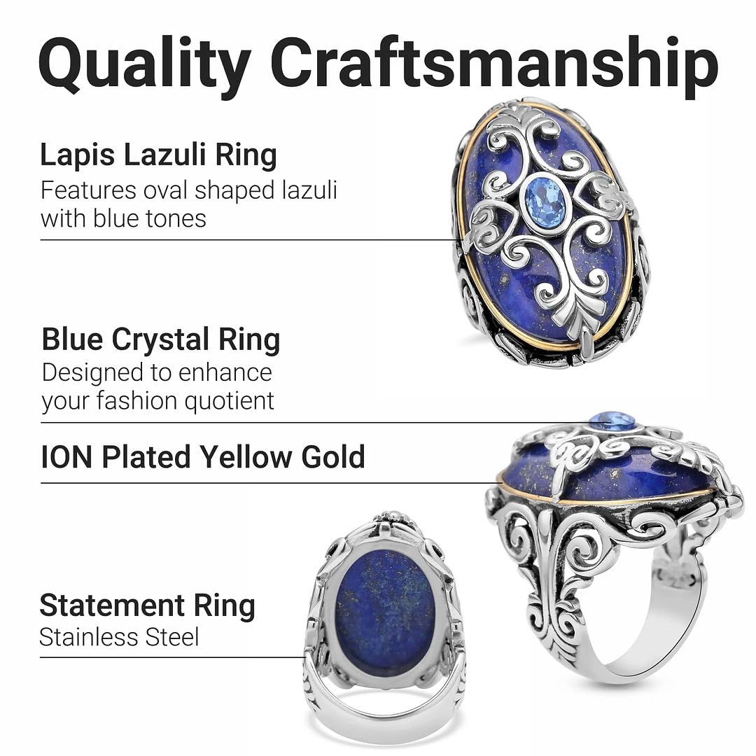 Shop LC Lapis Lazuli Cocktail Statement Ring ION Plated Yellow Gold Floral Blue Crystal Stainless Steel Size 7 Birthday Gifts for Women