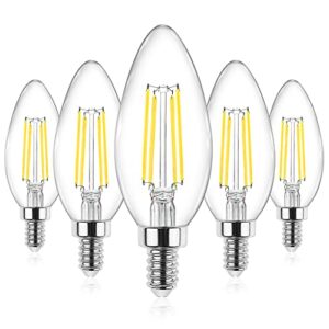 ascher e12 candelabra led light bulbs 60 watt equivalent, 550 lumen, daylight white 5000k, clear led filament candle bulbs, non-dimmable, pack of 5