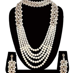 Aheli Wedding Party Wear Bridal Jewellery Choker Long Pearl Necklace Earrings Maang Tikka Indian Traditional Set for Women White