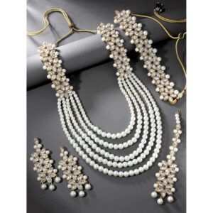 Aheli Wedding Party Wear Bridal Jewellery Choker Long Pearl Necklace Earrings Maang Tikka Indian Traditional Set for Women White