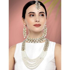 Aheli Wedding Party Wear Bridal Jewellery Choker Long Pearl Necklace Earrings Maang Tikka Indian Traditional Set for Women White