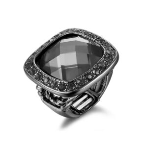 statement alloy resin square ring women's adjustable rhinestone stretch finger ring novelty jewelry for cocktail party (black)