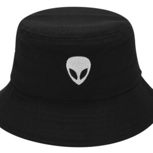 Alien Embroidered Bucket Hat Packable Fisherman Cap Unisex Outdoor Hat Trendy Sun Hats, Black