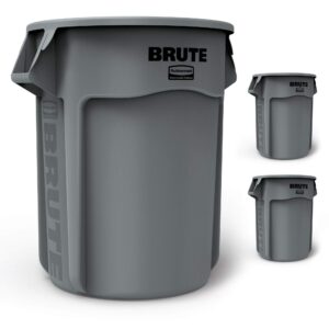 Rubbermaid Commercial Products BRUTE Heavy-Duty Trash/Garbage Can, 55-Gallon, Gray, Wastebasket for Home/Garage/Bathroom/Outdoor/Driveway, Pack of 3