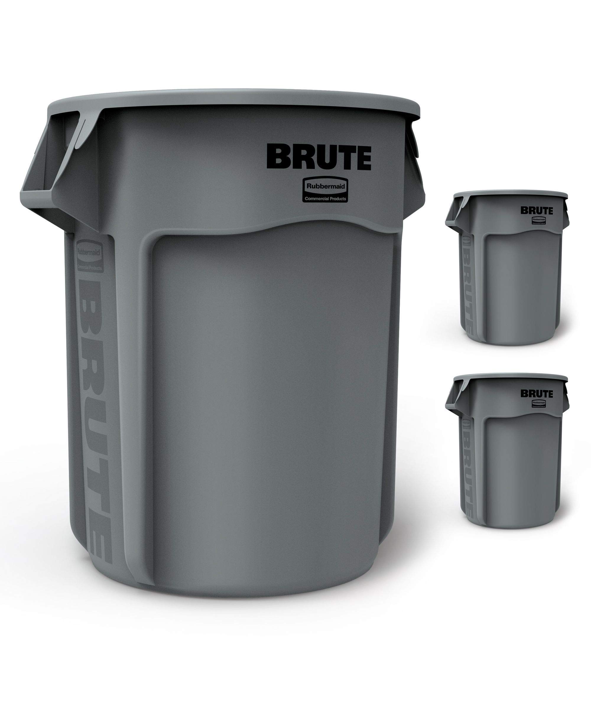 Rubbermaid Commercial Products BRUTE Heavy-Duty Trash/Garbage Can, 55-Gallon, Gray, Wastebasket for Home/Garage/Bathroom/Outdoor/Driveway, Pack of 3