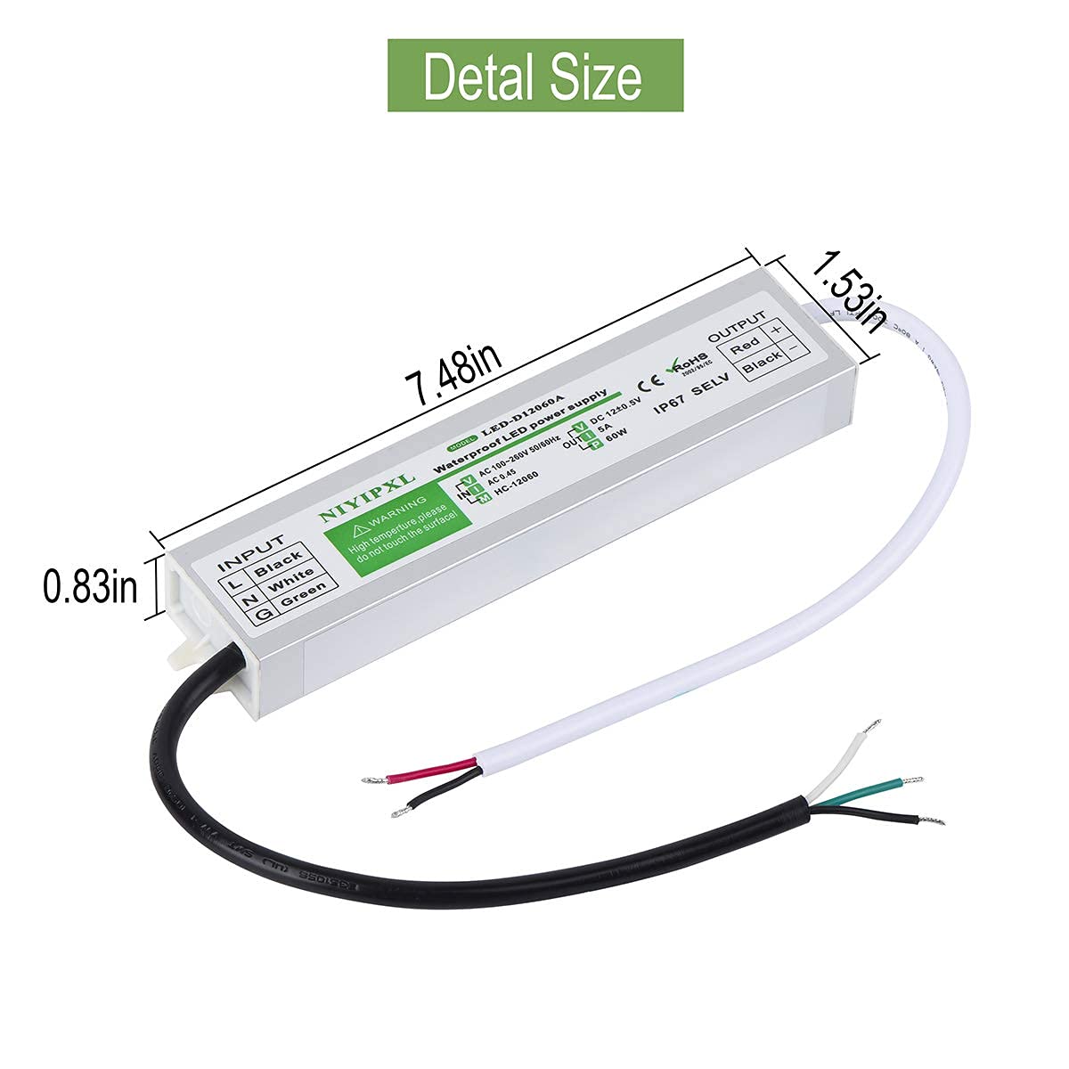 LED Driver 60 Watts Waterproof IP67 Power Supply Transformer Adapter 100V-260V AC to 12V DC Low Voltage Output for LED Light, Computer Project, Outdoor Light and Any 12V DC led Lights