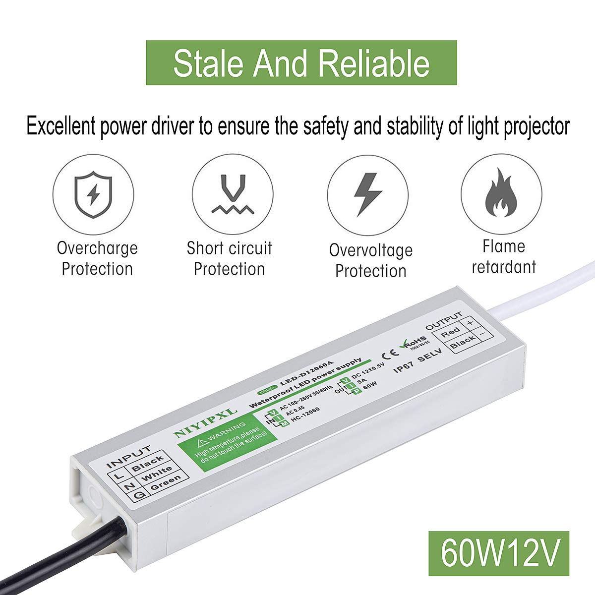 LED Driver 60 Watts Waterproof IP67 Power Supply Transformer Adapter 100V-260V AC to 12V DC Low Voltage Output for LED Light, Computer Project, Outdoor Light and Any 12V DC led Lights