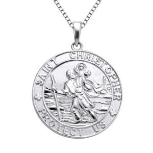 yl st christopher pendant saint medal necklace 925 sterling silver religious engraved medallion, 18"