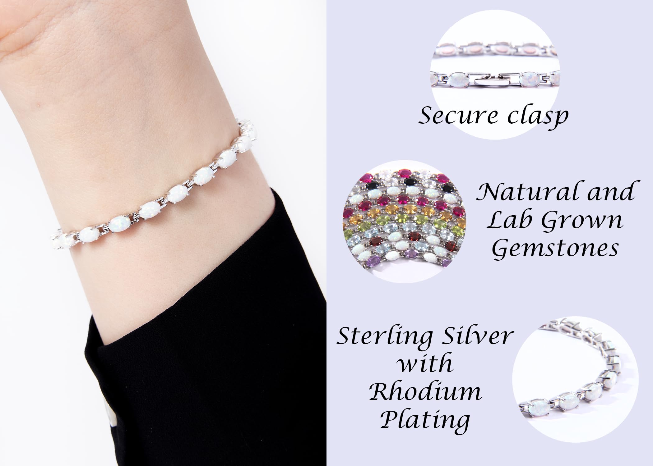 Silver Smile 925 Sterling Silver Opal Gemstone Bracelets Gift for Women Mom Wife and Girls|Attractive Tennis Bracelet in 7.25" Length with Secure Lock |Comes in a Suede Pouch