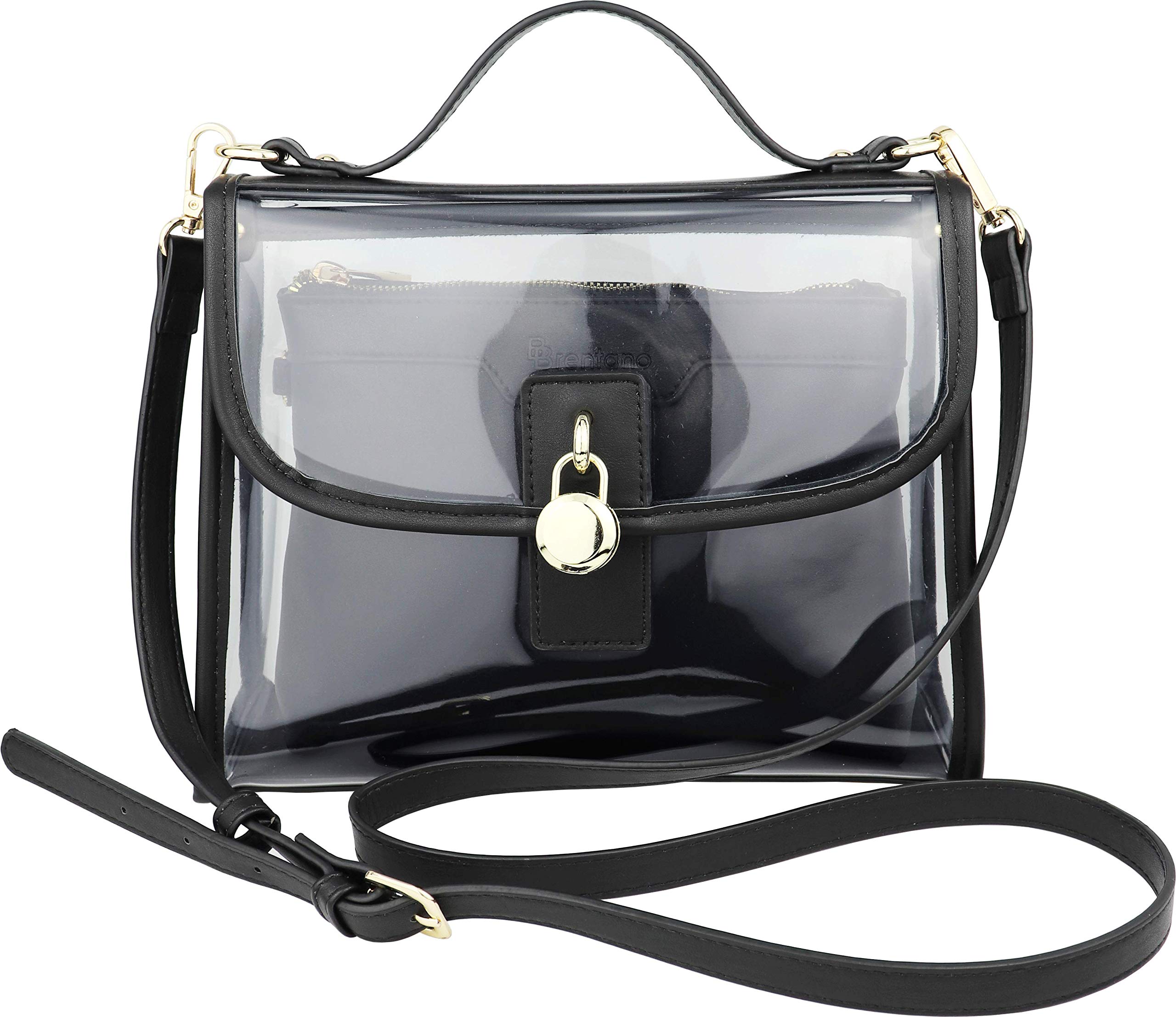 B BRENTANO Clear Top Handle Satchel Crossbody Bag with Removable Wristlet Pouch (Policy-Compliant Stadium Bag) (Black)