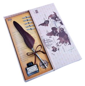 quill pen and ink set turkey feather pen with 5 steel replacement nibs and dip ink bottle in vintage gift box for antique calligraphy - brown