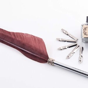 Quill Pen and Ink Set Turkey Feather Pen with 5 Steel Replacement Nibs and Dip Ink Bottle in Vintage Gift Box for Antique Calligraphy - Brown