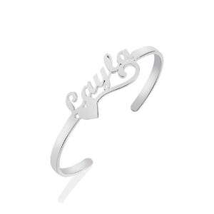 NOUMANDA Numeral Custom Made with Any Names Cuff Bangle Love Heart Finsh Bracelet Jewelry for Women Personalized Gift (Silver)