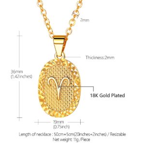 FOCALOOK Custom Aries Gold Necklace for Women Oval Shaped Carved Medallion Constellation Zodiac Sign Jewelry 20-22"