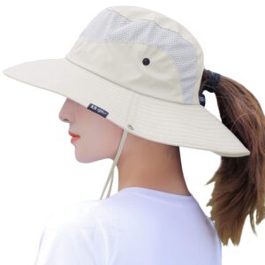 women's summer sun hat wide brim uv upf50 protection hats foldable packable ponytail bucket cap for safari beach fishing gardening beige