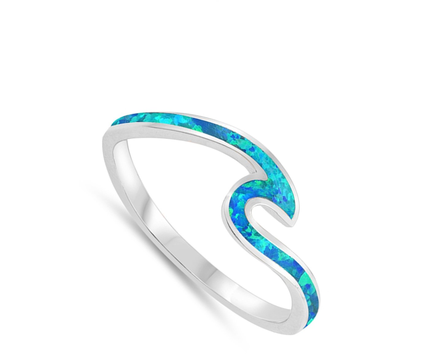 Blue Simulated Opal Wave Dainty Thumb Ocean Ring .925 Sterling Silver Band Size 11