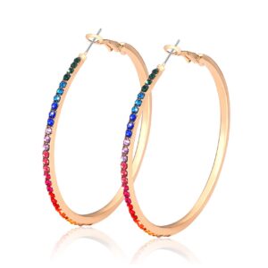 Crystal Hoop Earrings for Women Large Dazzling Rainbow Rhinestone Circle Fashion Earrings Sensitive Ears Pierced Earrings (Gold Rainbow)