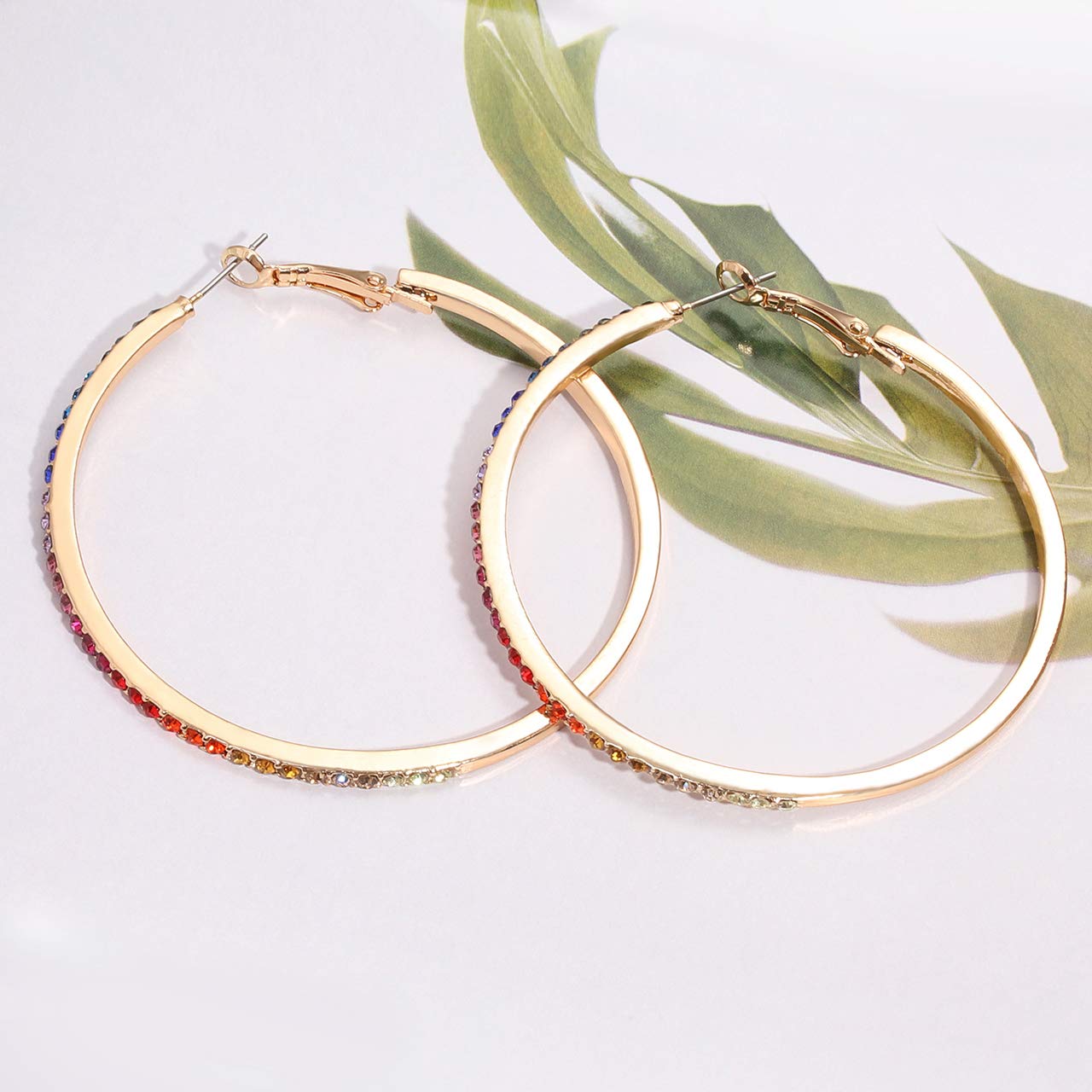 Crystal Hoop Earrings for Women Large Dazzling Rainbow Rhinestone Circle Fashion Earrings Sensitive Ears Pierced Earrings (Gold Rainbow)