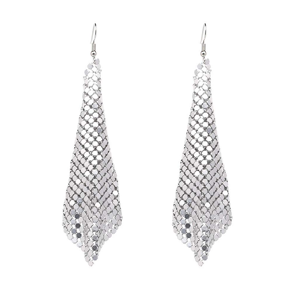 GIMEFIVE Gold Sequin Earrings Lightweight Metal Mesh Grid Tassel Drop Dangle Earrings Long Hook Earrings Women (Silver)