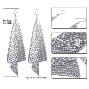 GIMEFIVE Gold Sequin Earrings Lightweight Metal Mesh Grid Tassel Drop Dangle Earrings Long Hook Earrings Women (Silver)