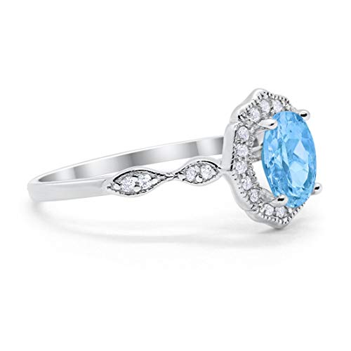 Blue Apple Co. Simulated Aquamarine Cubic Zirconia Size-5 Art Deco Antique Style Wedding Engagement Ring Oval Round Simulated Cubic Zirconia 925 Sterling Silver