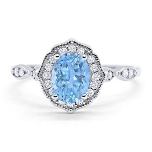 Blue Apple Co. Simulated Aquamarine Cubic Zirconia Size-5 Art Deco Antique Style Wedding Engagement Ring Oval Round Simulated Cubic Zirconia 925 Sterling Silver