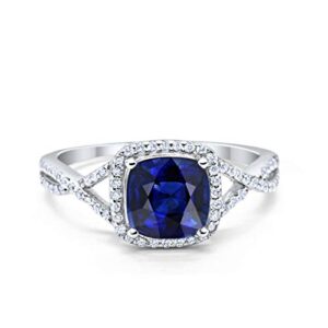 halo infinity shank engagement ring cushion simulated blue sapphire round cubic zirconia 925 sterling silver, size-9