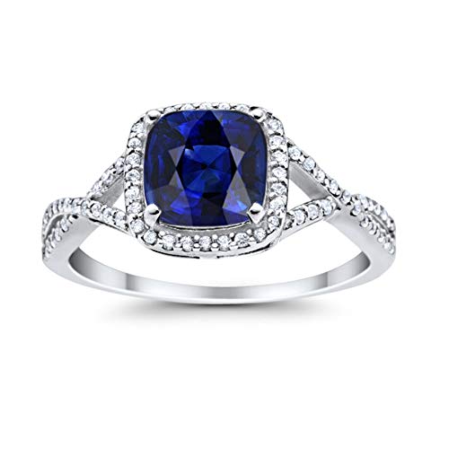 Halo Infinity Shank Engagement Ring Cushion Simulated Blue Sapphire Round Cubic Zirconia 925 Sterling Silver, Size-9