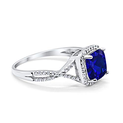 Halo Infinity Shank Engagement Ring Cushion Simulated Blue Sapphire Round Cubic Zirconia 925 Sterling Silver, Size-9