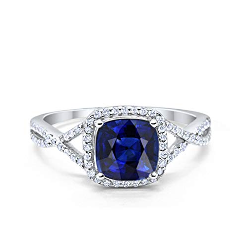 Halo Infinity Shank Engagement Ring Cushion Simulated Blue Sapphire Round Cubic Zirconia 925 Sterling Silver, Size-9