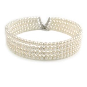 4 Row Light Cream Faux Glass Pearl Rigid Choker Necklace with Silver Tone Closure - 38cm L/ 5cm Ext